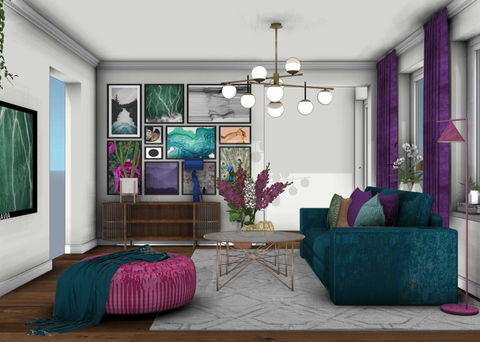 Vardagsrum i påfågelfärger