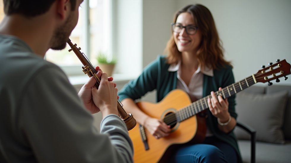 Eye-level view of a music therapy session with a therapist and a client playing instruments