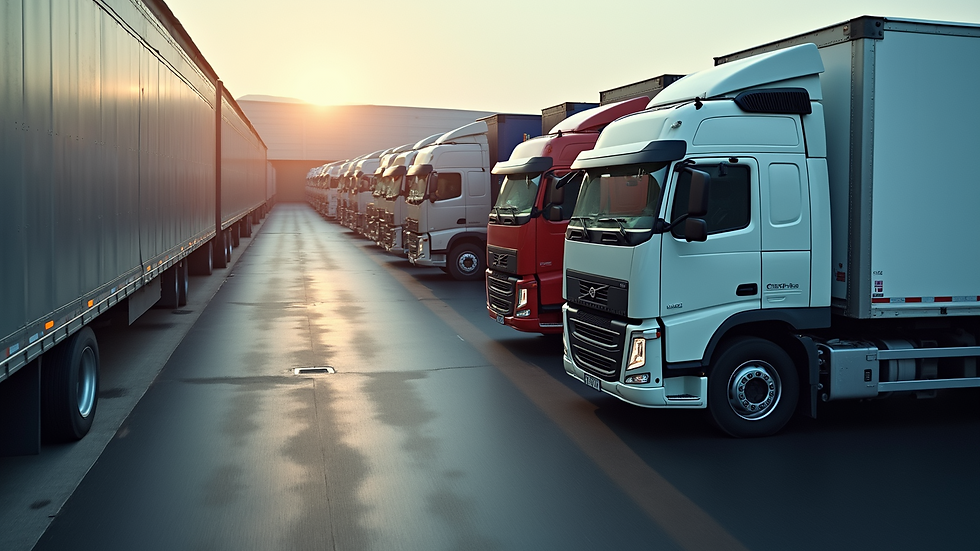High angle view of a truck fleet parked in a logistics yard
