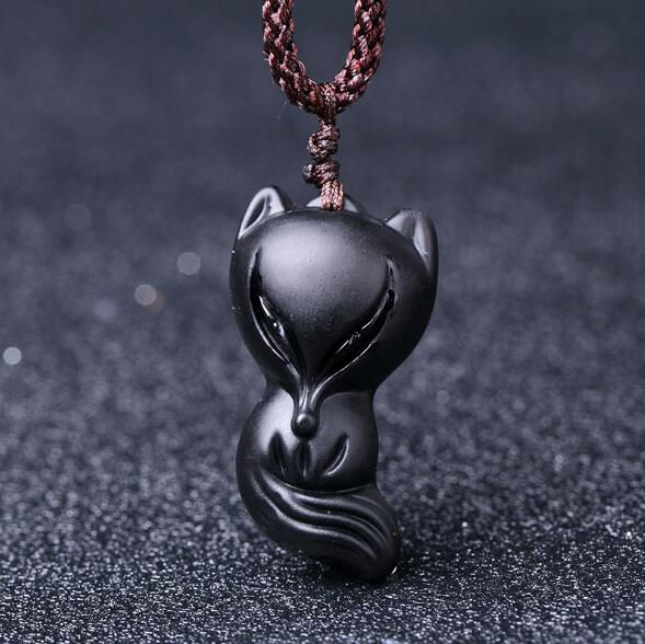 Thumbnail: Obsidian Or Quartz Crystal Fox Necklace