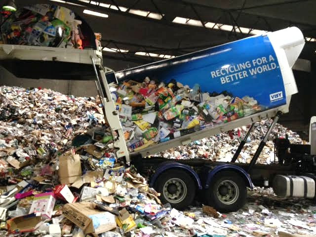Recycling truck being emptied