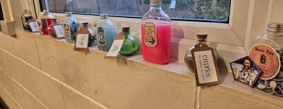 A row of various shaped and coloured bottles line a windowsill