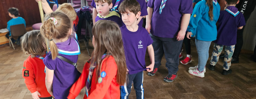 Beaver and Squirrel Scouts stand in rows of three with their leaders