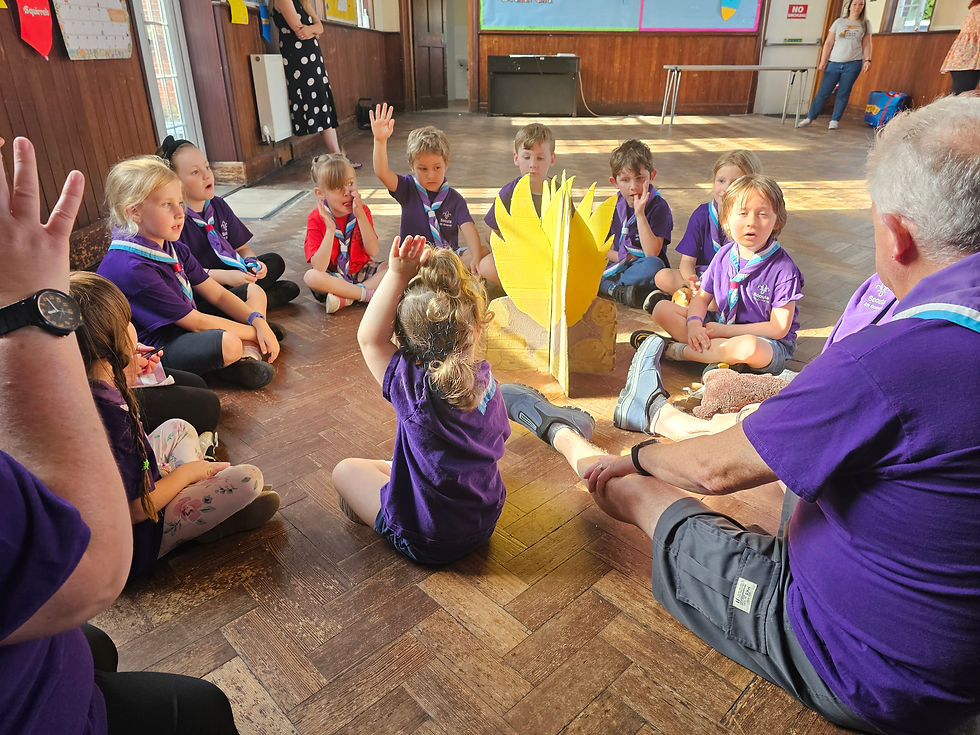 The SCout Group sits around a cardboard cut out painted fire