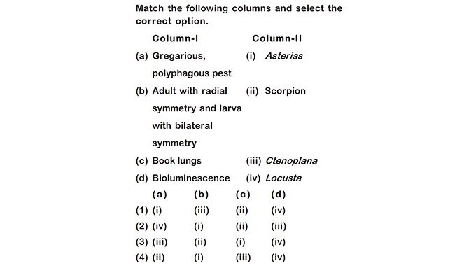 Q9. Match the following columns and select the correct option.
Column-I
a. Gregarious, polyphagous pest
b. Adult with radial symmetry and larva with bilateral symmetry
c. Book lungs
d. Bioluminescence
Column-II
i. Asterias
ii. Scorpion
iii. Ctenoplana
iv. Locusta