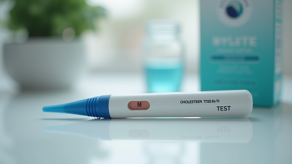 Close-up view of a cholesterol test kit on a table