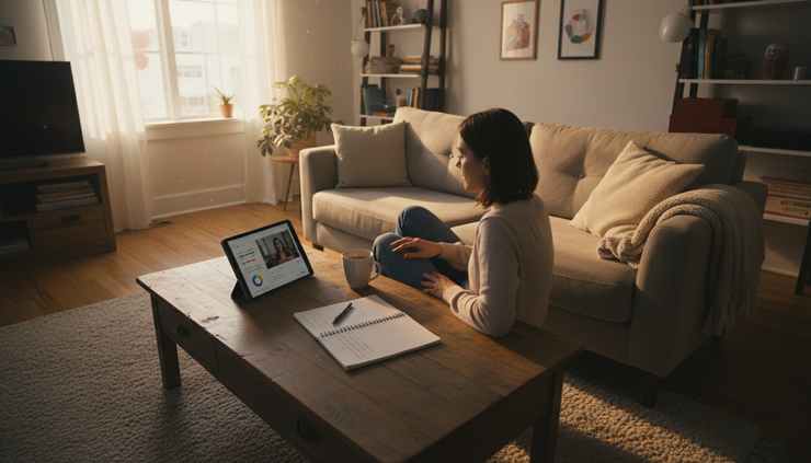 Wide-angle view of a person learning from an online lesson on a tablet in a quiet living room