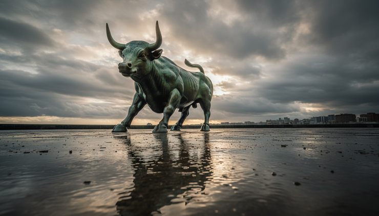 Low-angle view of a bronze bull statue in front of cloudy skies.