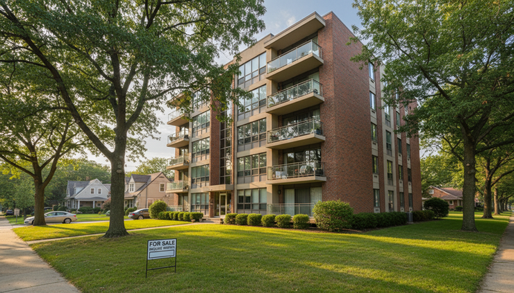 Wide-angle view of a mid-rise condo building with a for-sale sign near the entrance.