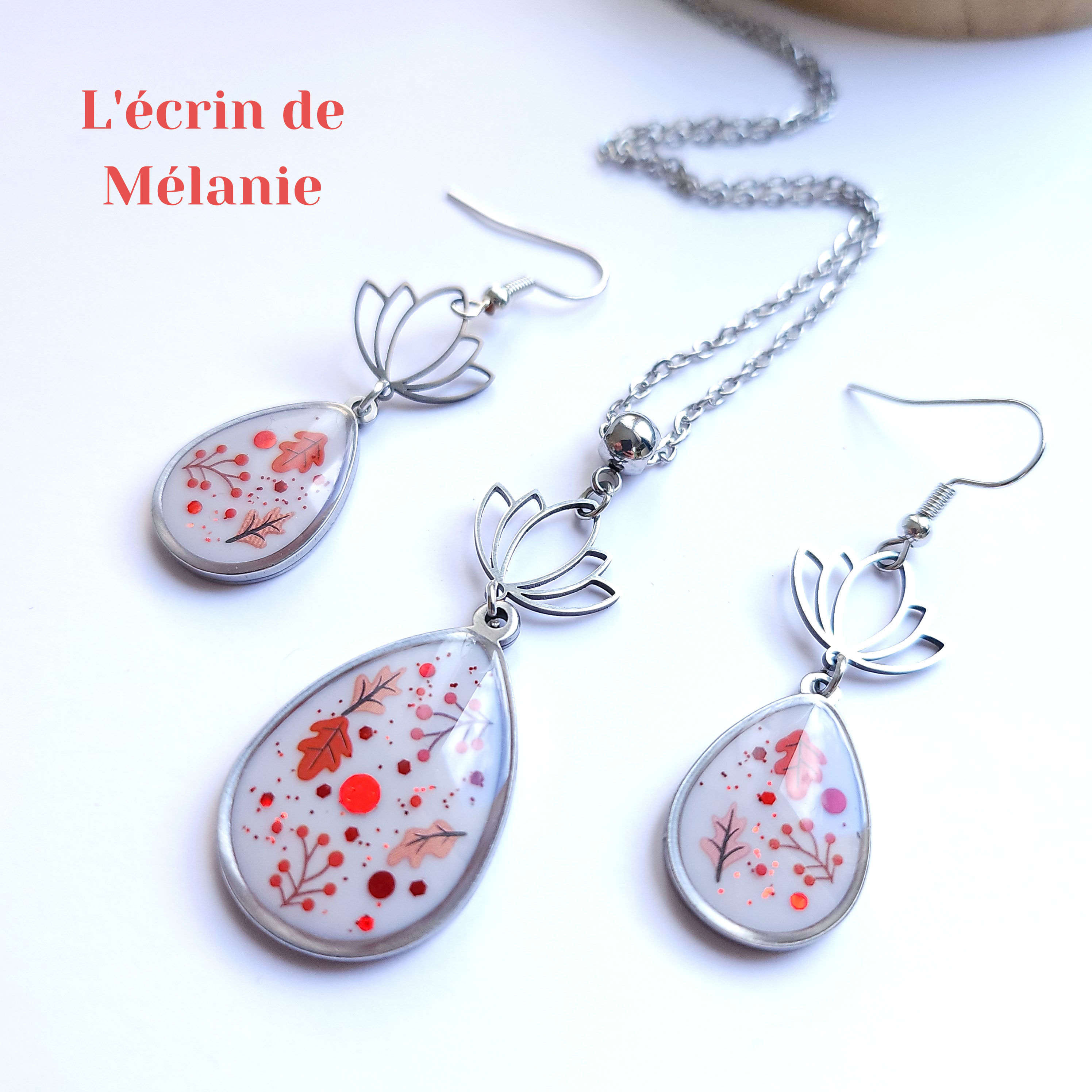 Collier et Boucles gouttes acier et résine - Eden 