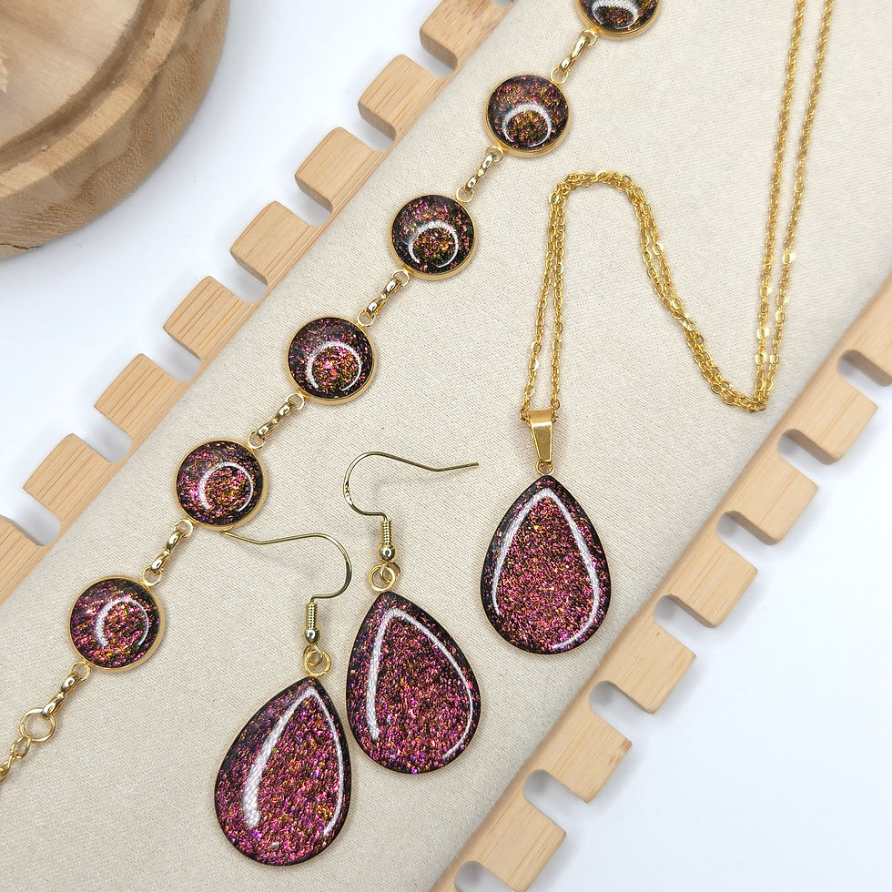 Miniature : Terra Nostra - Collier, Bracelet et boucles gouttes acier et résine 