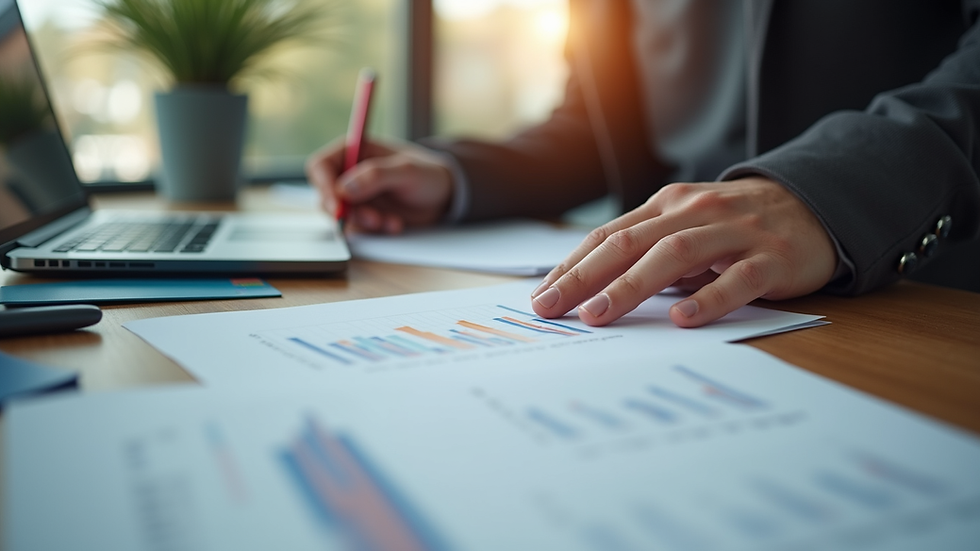 Eye-level view of a community manager reviewing financial documents