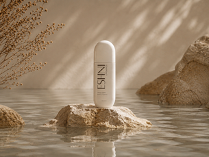 A white cylindrical bottle labeled "ESHNI ORGANICS" on a rock in water, with dried branches and rocks in the serene background.