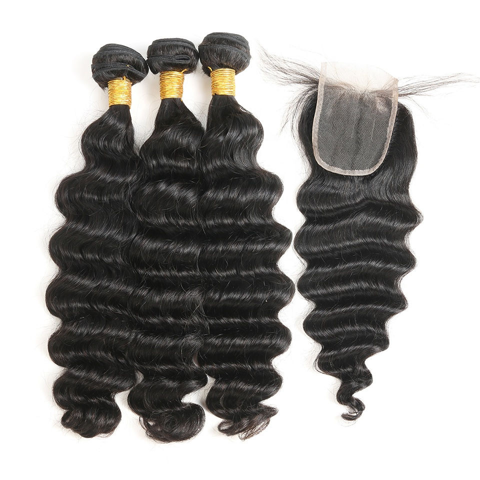 12A 3 Bundles Deep Wave with 4x4 Transparent Lace Closure Brazilian Raw Hair