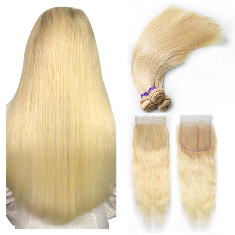 Thumbnail: 10A #613 Blonde Straight 3 Bundles with 4“x 4" Transparent Closure 100% Raw Hair