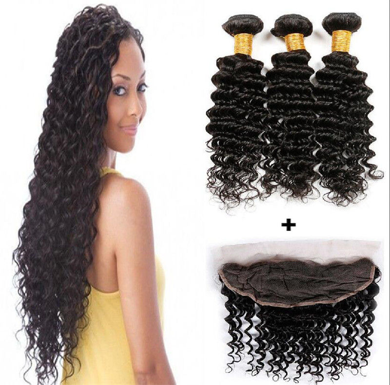 10A 3 DeepWave Bundles Plus 1 13"x4" Lace Frontal Brazilian Virgin Hair 1B Black