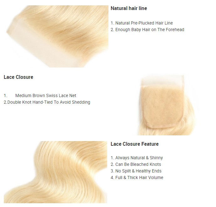 Thumbnail: 10A #613 Blonde Body Wave 3 Bundles with 4“x 4" Transparent Closure 100% RawHair