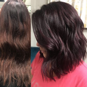 Before/After color transition of brunette hair going to deeper brunette along with cut/taper of hair style enhancing color and cut