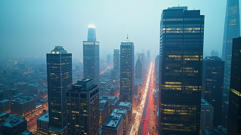 High angle view of a modern city skyline with advanced technology integration