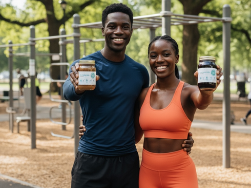 A Black Couple post-workout at an outdoor park, enjoying flavor infused sea moss.