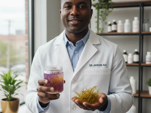 Medical Professionals agree with the benefits of Sea Moss. Dr. Jackson is holding Sea Moss in its natural form and gel form.