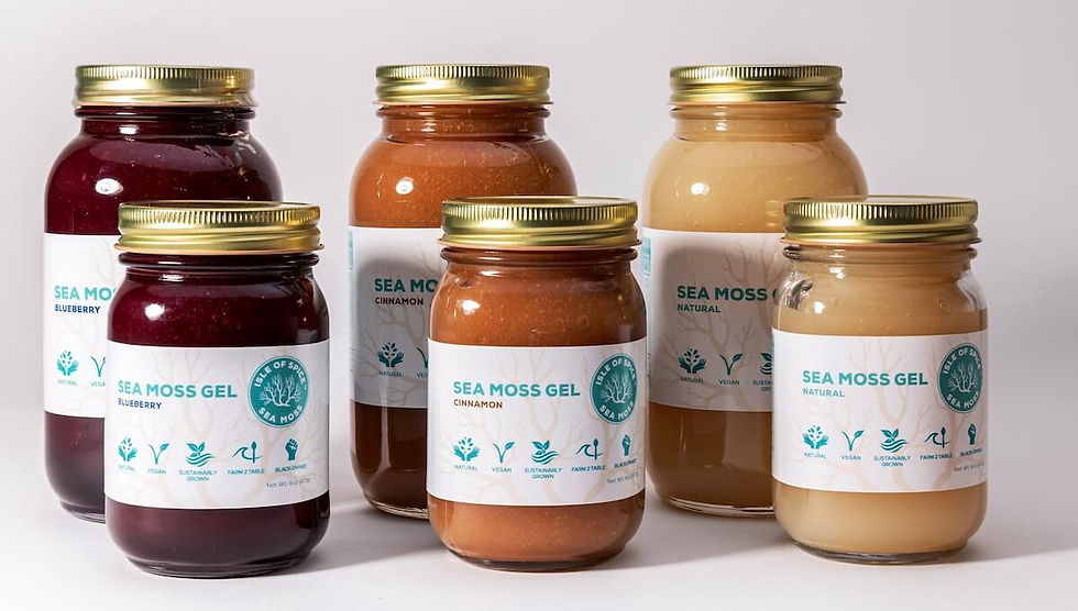 Sea Moss gel comes in multiple sizes and flavors; natural (unflavored), Blueberry & Cinnamon flavors, all in 32oz and 16oz jars.