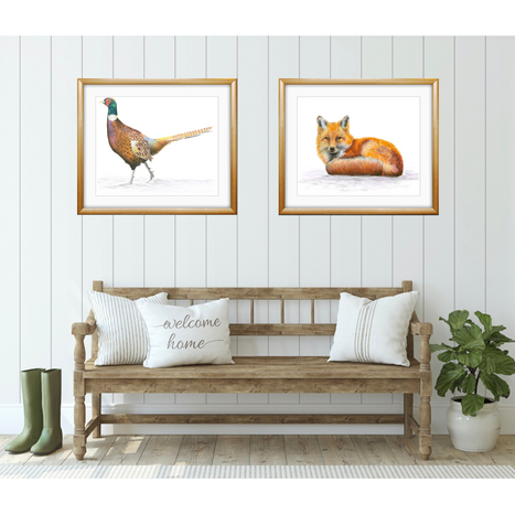 Framed pictures of pheasant and fox, on a beautiful interior wall above a bench