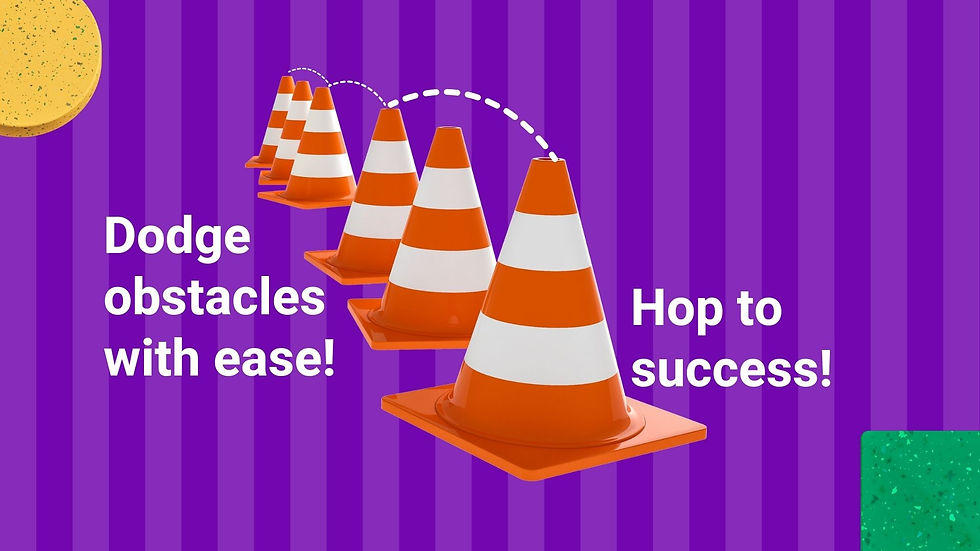 An image of traffic cones in a line, with the text ‘Hop to success! Dodge obstacles with ease!’.