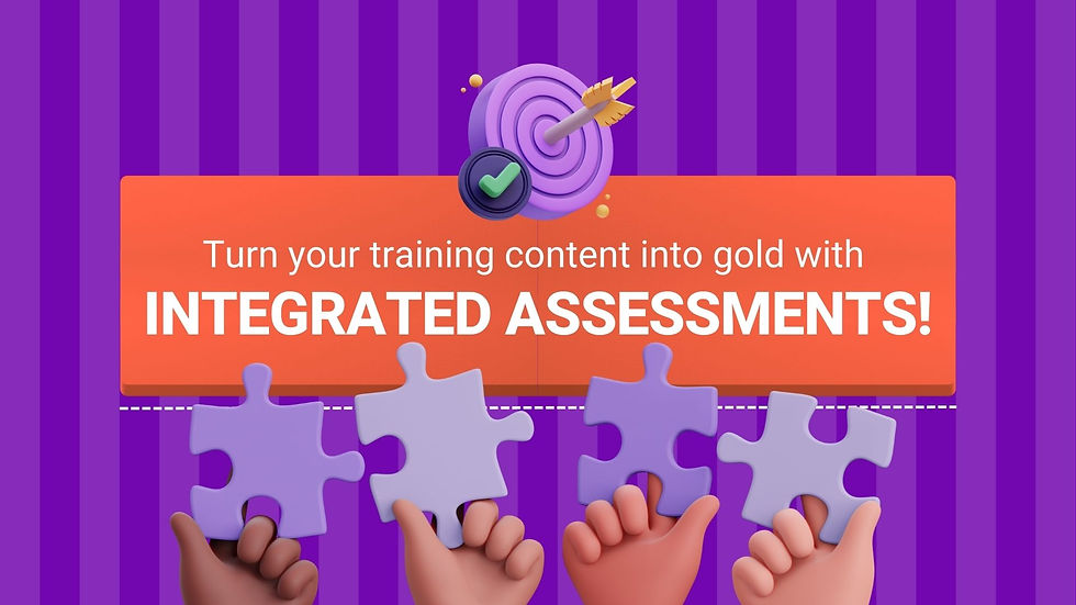 Four hands holding pieces of a puzzle, with the text ‘Turn your training content into gold with integrated assessments.'