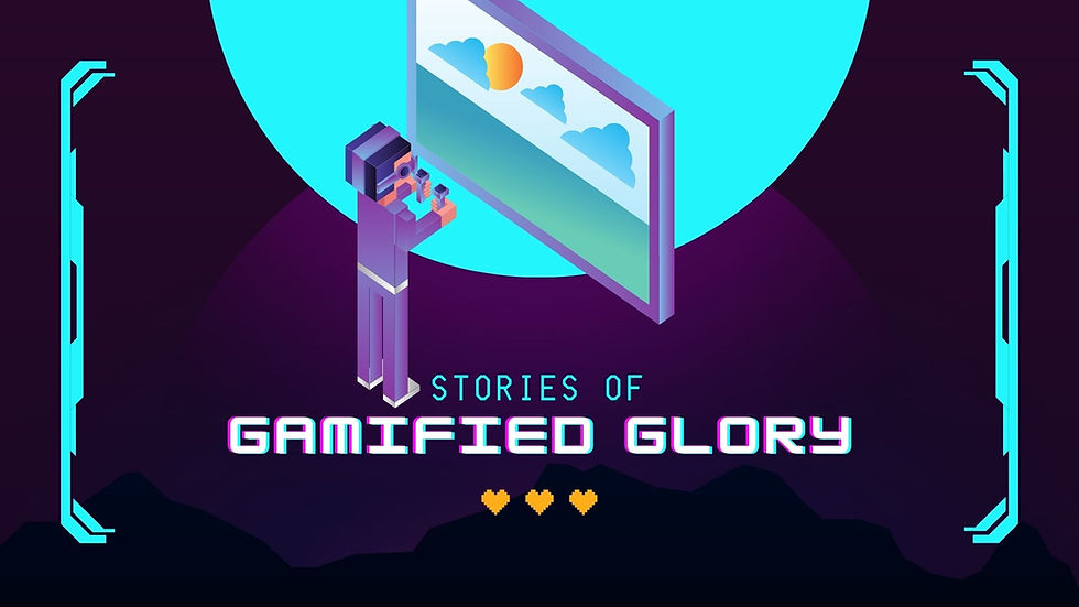 The same person looking at a billboard titled “Stories of gamified glory”