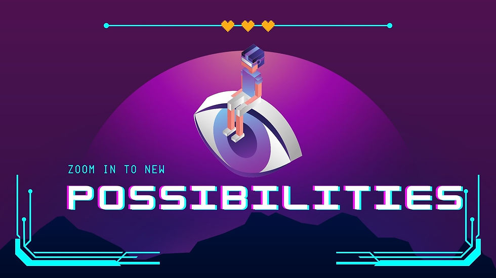 A person sitting on a big eye looking at a distant object, with the caption “Zoom in to new possibilities”