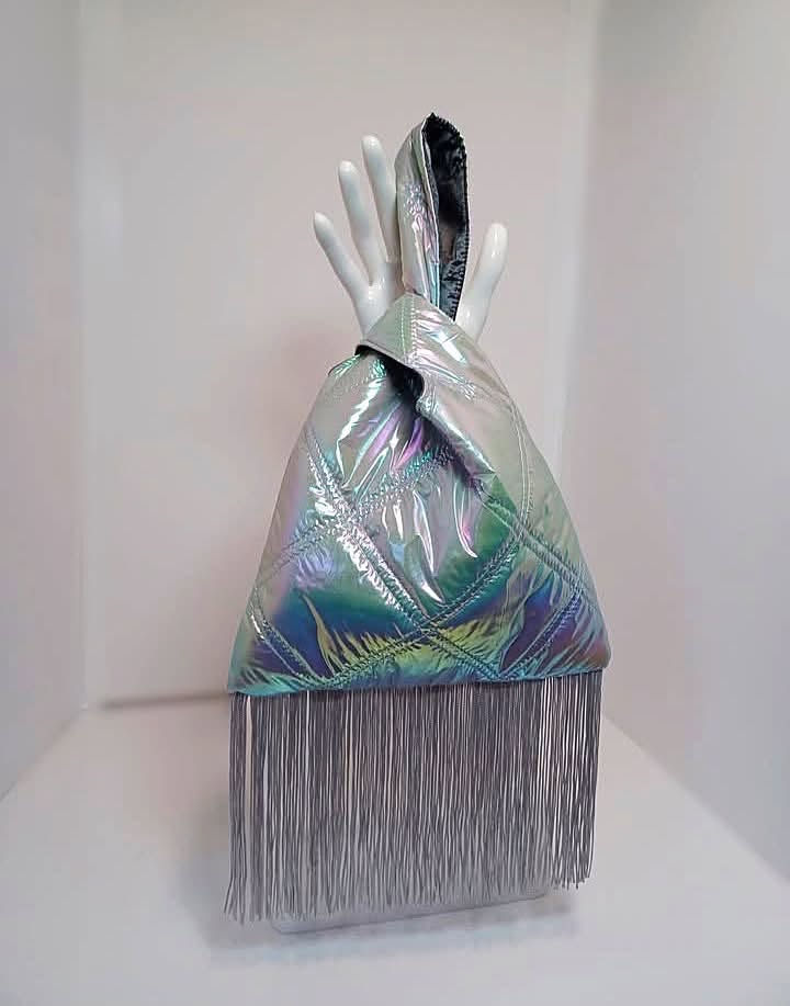 Thumbnail: Iridescent Silver Quilted Fringe Knot Bag