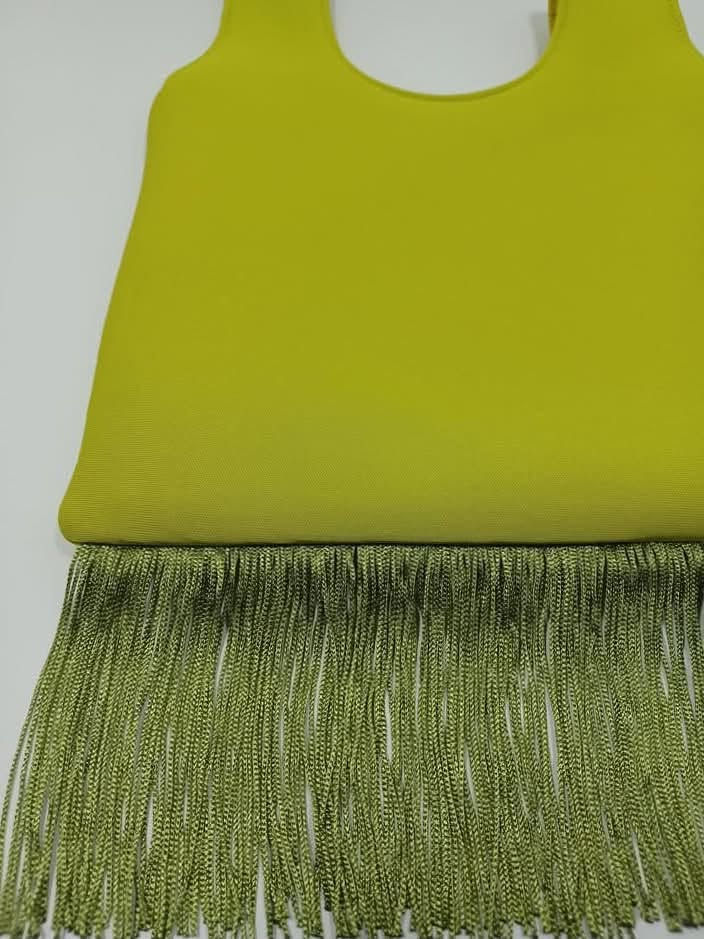 Thumbnail: Chartreuse Neoprene Japanese Knot Bag with Olive Fringe