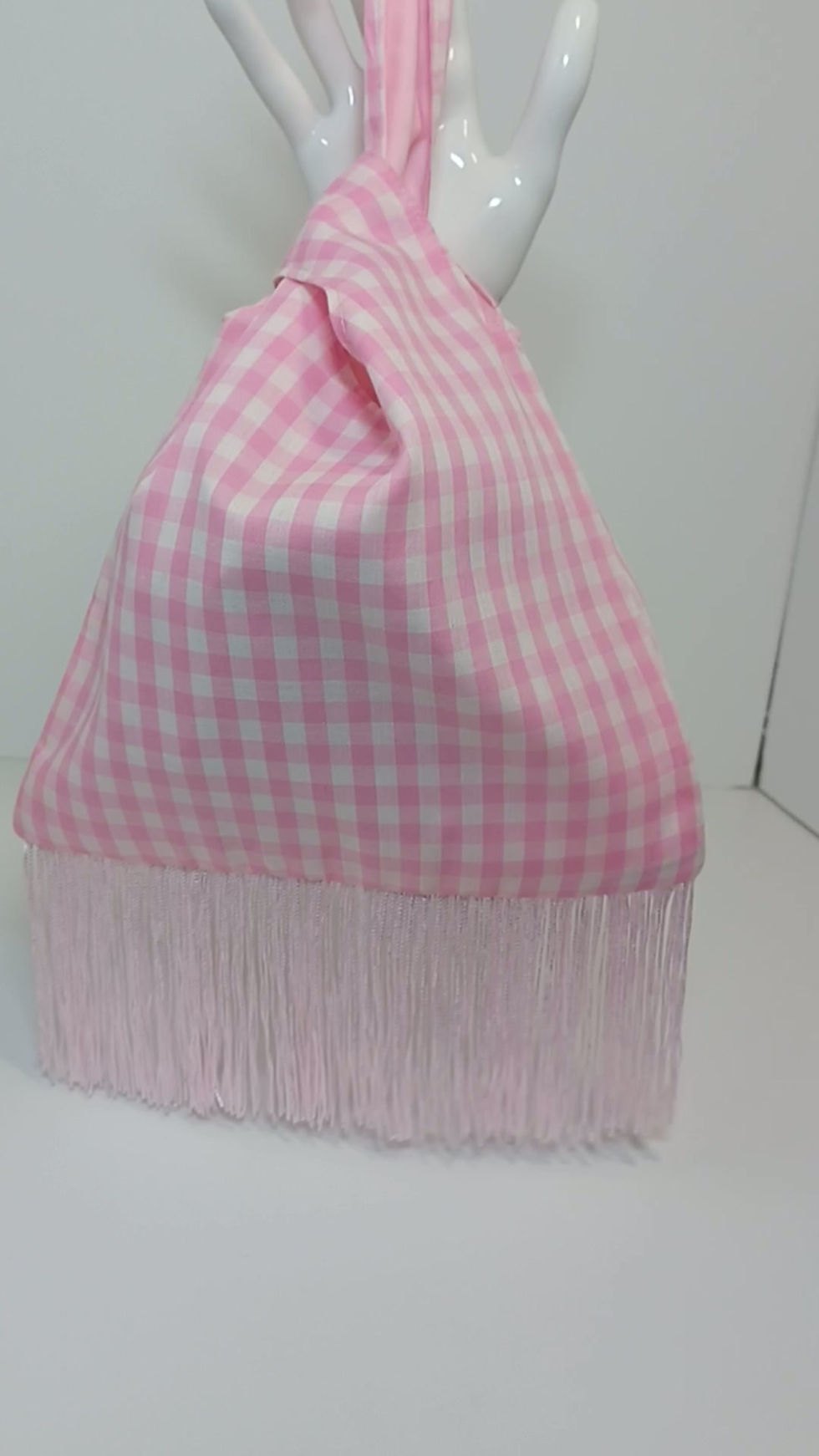 Thumbnail: Pink Gingham Knot Bag | Handmade Japanese Knot Bag with Soft Pink Fringe