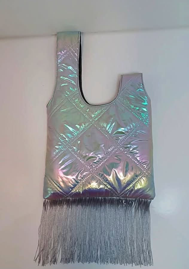 Thumbnail: Iridescent Silver Quilted Fringe Knot Bag