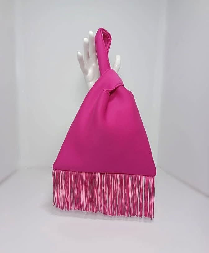 Thumbnail: Hot Pink Neoprene Japanese Knot Bag with Fringe | Lightweight Hand Washable Hand