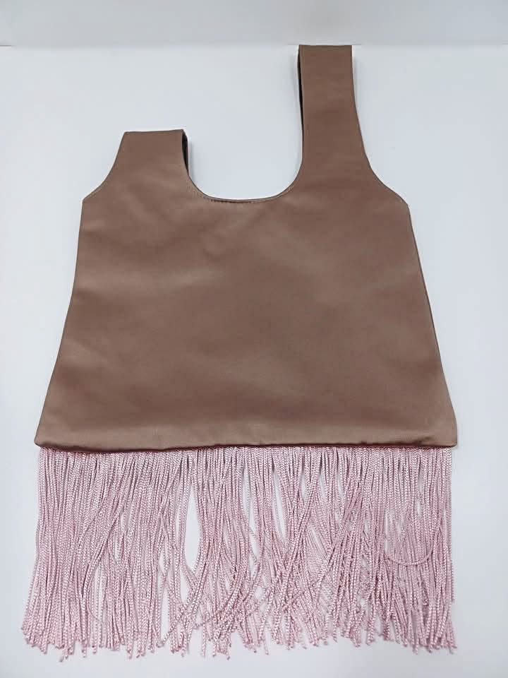 Thumbnail: Taupe Satiny Fringe Knot Bag