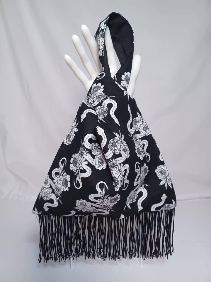 Thumbnail: Snake & Rose Japanese Knot Bag with Black Fringe