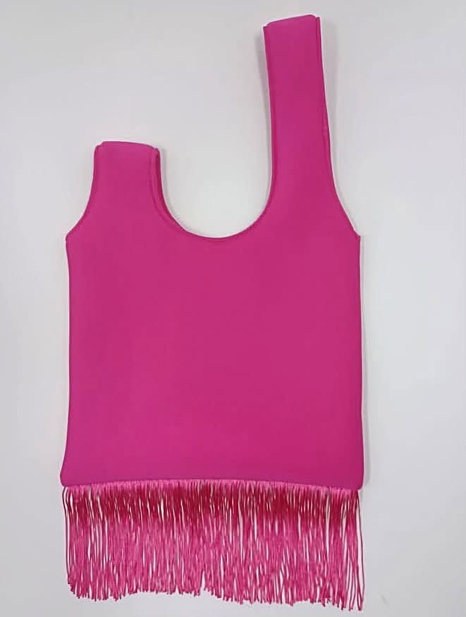 Thumbnail: Hot Pink Neoprene Japanese Knot Bag with Fringe | Lightweight Hand Washable Hand
