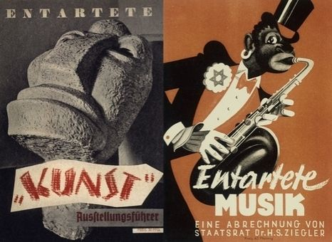 Affiche de propagande nazie qui démontre le lien entre l’art moderne « dégénéré » et une conception raciste des nazis concernant l’art