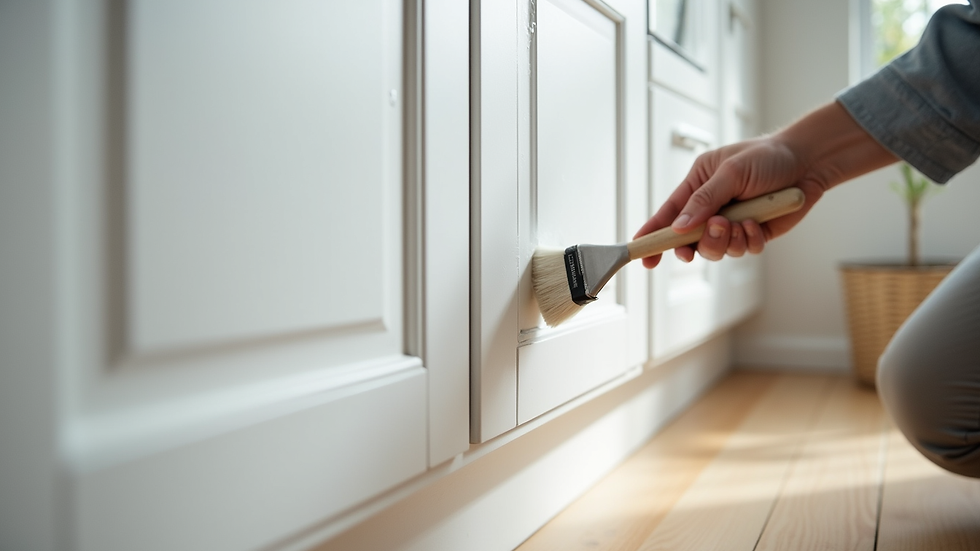 Eye-level view of a painter applying white paint to kitchen cabinet door