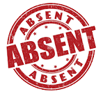 Red weathered circular stamp with the word ABSENT