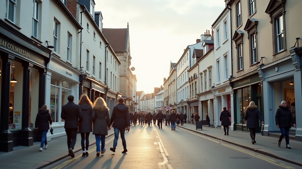 Eye-level view of Hastings town centre with shops and people walking