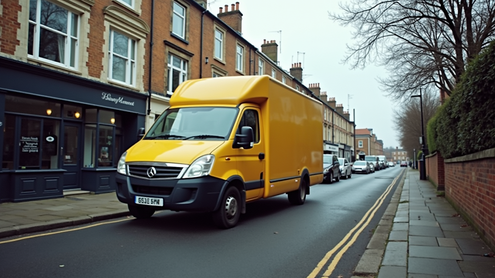 Eye-level view of a delivery van parked on a street in East Sussex