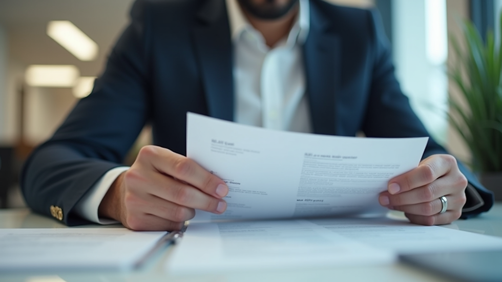 Close-up view of a recruitment consultant reviewing CVs in an office