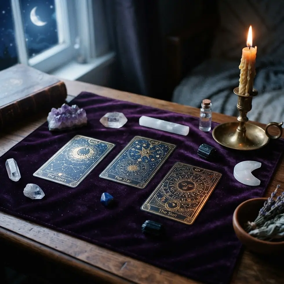 Atmospheric stock photograph of three tarot cards arranged on a purple velvet cloth. The scene is set on a wooden table with crystals, candles, and herbs, evoking a mystical and esoteric mood.
