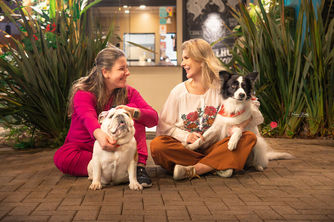 Tutoras com cães em restaurante pet friendly fotografado por Mariana Brattig em Blumenau.