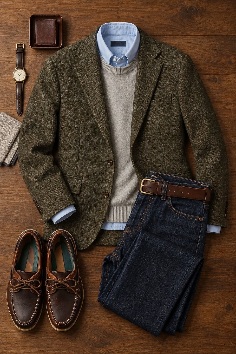 Olive-brown sport coat + gray crewneck + blue Oxford + dark denim + dark brown shoes