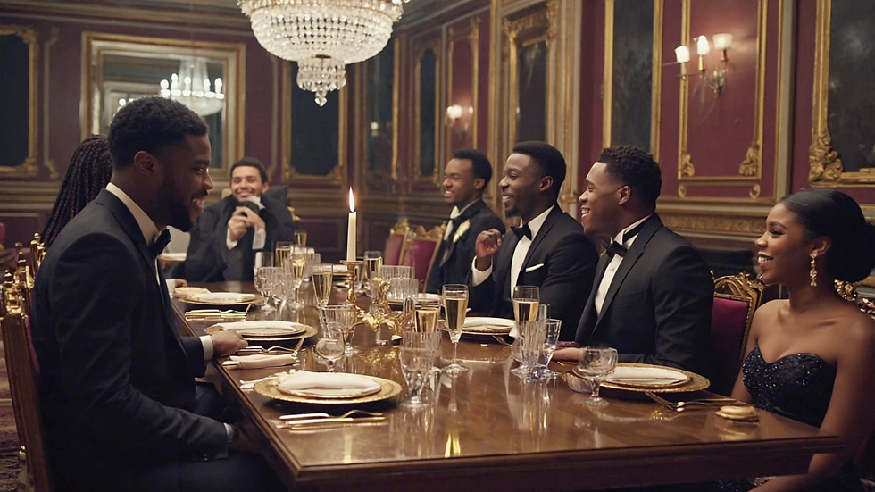 Melanated ethnic men and women smiling, eating & drinking at a luxurious and elegant hall,