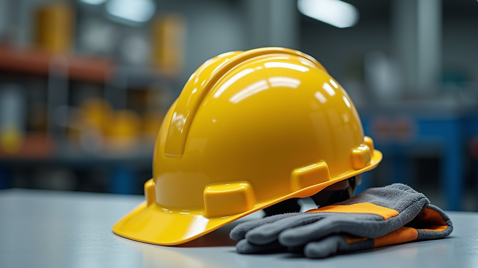 Close-up view of safety helmet and gloves on workplace table